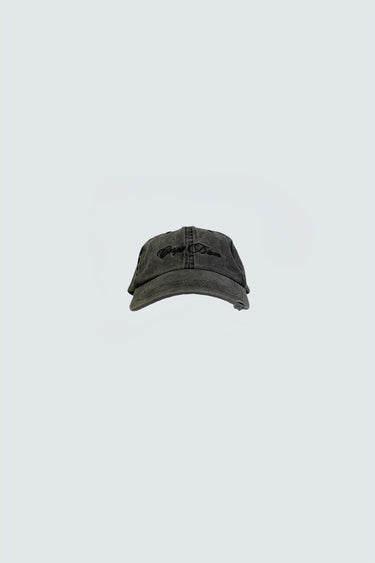 Carpe Diem baseball dad cap in grey by Deadwood, made from recycled cotton. Features a silver-tone adjustable buckle and tonal Carpe Diem embroidery at the front.