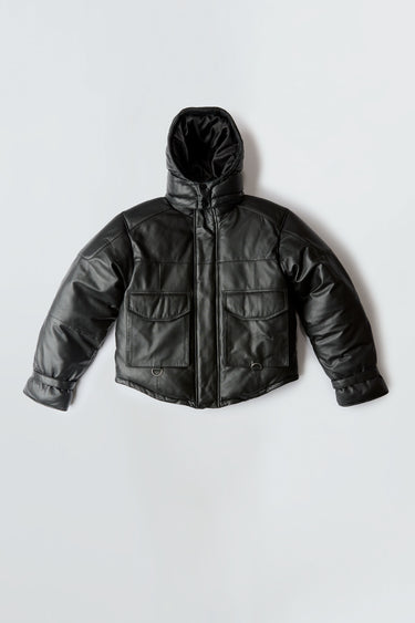 Cliff Jacket in black leather by Deadwood, featuring a down-free puffer design with a zip closure, pockets, and adjustable hem.