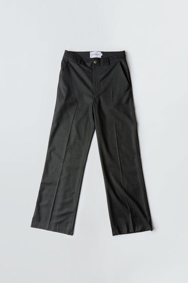 Flat front view of Flint straight-fit slack wool pants by Deadwood, featuring slanting pockets and timeless silhouette, made from deadstock fabrics.
