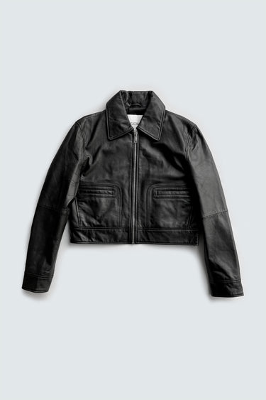 Cropped black leather jacket made from upcycled nappa. Featuring zipper and front pockets