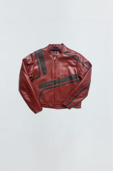 Flat front view of Hiro leather jacket by Deadwood, tri-color design in black, red, and brown, made from cactus leather.