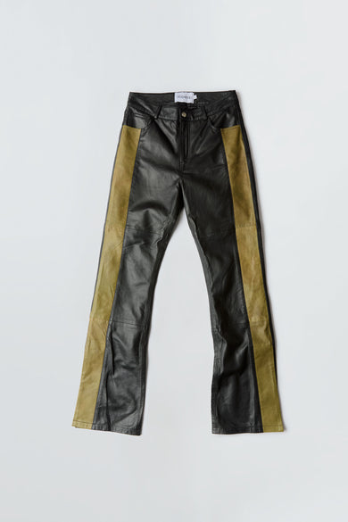 Men's Prance Leather Pants in black and olive with green stripes and slits at leg opening, made from upcycled lambskin.