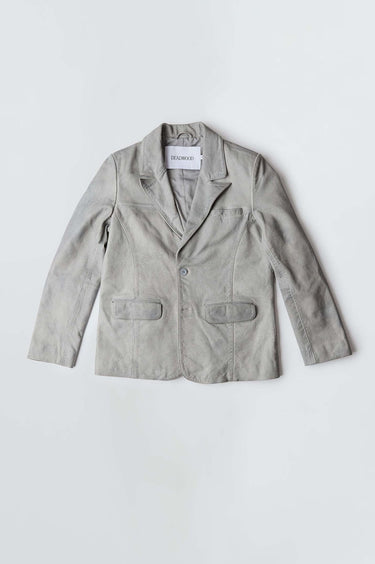 Stanley leather blazer by Deadwood, single-breasted with two buttons, chest pocket, waist pockets, and hand-dyed in grey, made from upcycled cowskin leather.
