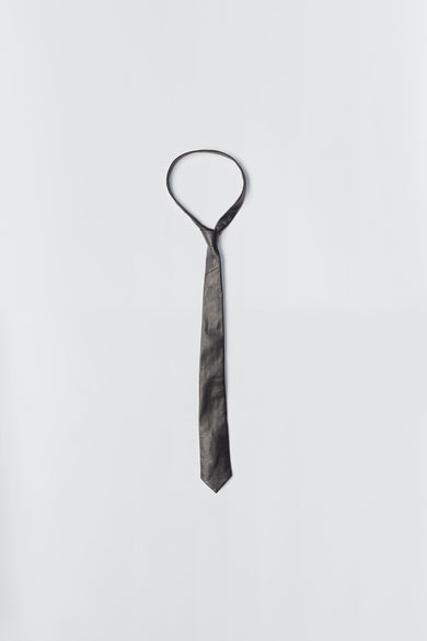 Timo Tie by Deadwood, black leather tie made from upcycled lambskin with silver-tone logo detail.