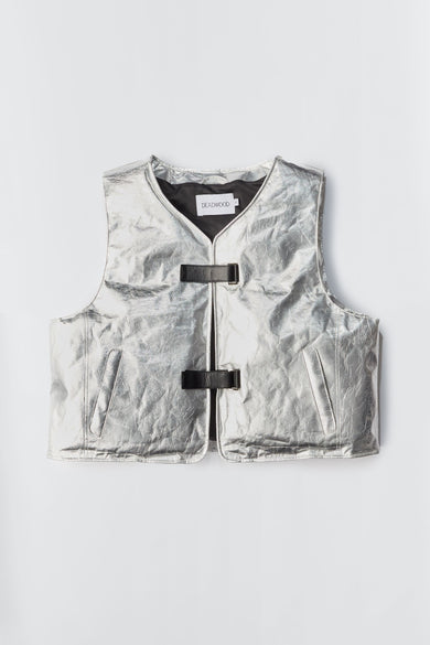 Kapok vest by Deadwood, one-off sample made from recycled polyester coated with recycled aluminum, sized as men’s M (EU 38).
