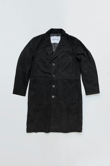 Painter black suede coat by Deadwood, lightweight long coat inspired by artists' work coats, made from recycled goat suede with recycled PET lining.
