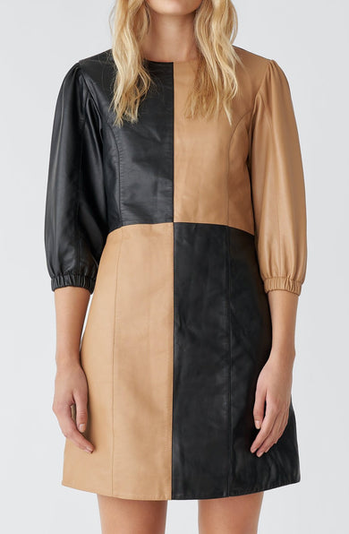 dress in black and beige upcycled leather