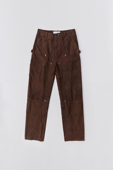 Parker recycled suede pants in brown by Deadwood with knee patches and tool details.