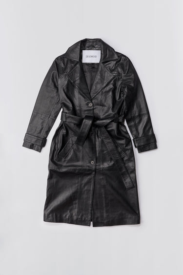 Terra recycled leather trench coat in black by Deadwood, classic silhouette with a tie belt.