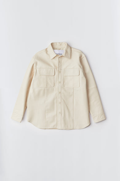 Shoreline relaxed-fit leather overshirt with chest pockets, button closures, and sustainable materials.